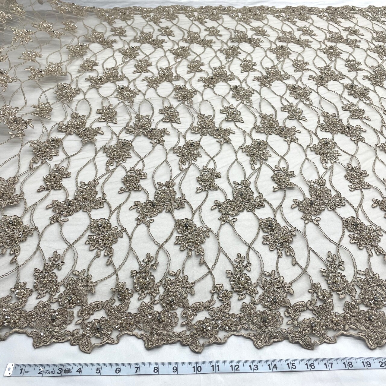 1 Yard Blush Beaded & Corded Bridal Lace Embroidered on Fabric 52" Wide Polyester Net Mesh